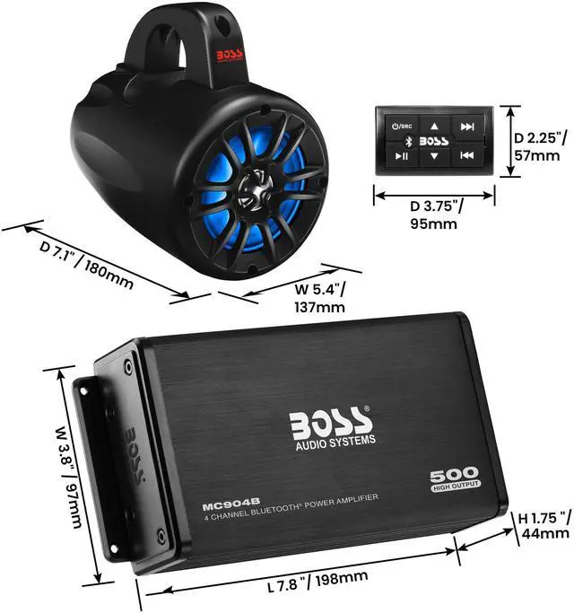 Alt view image 3 of 5 - BOSS Audio Systems UNI4RGB ATV UTV Marine Boat IPX5 Weatherproof 4 Inch Stereo Wake Tower Speakers (x4) And 4 Channel Weatherproof Bluetooth Amplifier