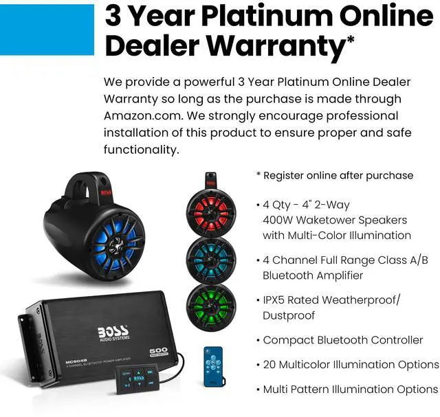 Alt view image 4 of 5 - BOSS Audio Systems UNI4RGB ATV UTV Marine Boat IPX5 Weatherproof 4 Inch Stereo Wake Tower Speakers (x4) And 4 Channel Weatherproof Bluetooth Amplifier