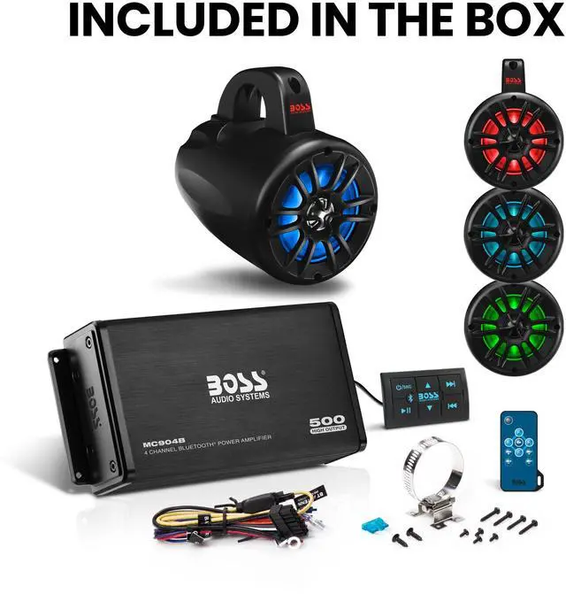 Alt view image 5 of 5 - BOSS Audio Systems UNI4RGB ATV UTV Marine Boat IPX5 Weatherproof 4 Inch Stereo Wake Tower Speakers (x4) And 4 Channel Weatherproof Bluetooth Amplifier