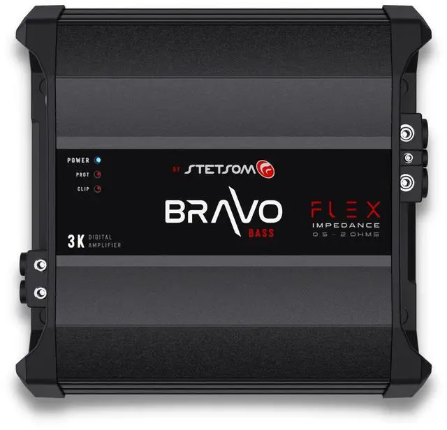 Main image of Stetsom Bravo BASS Flex 3K Mono Class D Car Audio Amplifier, Auto Impedance System 0.5 to 2 Ohms, Monoblock, 3000W RMS at Variable Impedance 0.5, 1, 2 Ohm, 3000x1, Smart Multi-impedance Subwoofers Amp