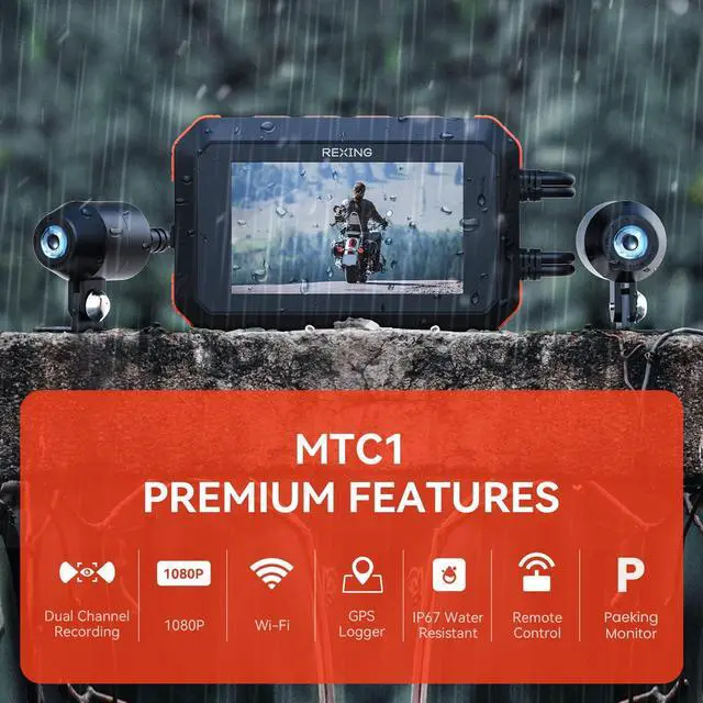 Alt view image 2 of 5 - REXING MTC1 Motorcycle Dash Cam 3 LCD,Front and Rear Recording 1080p,170° Wide Angle Lens,Loop Recording,G-Sensor,Waterproof Motorcycle Camera, Parking Monitor,GPS,WiFi,128GB Max(32G Card Included)