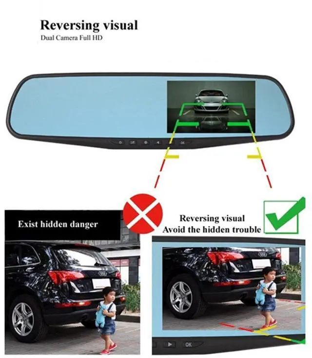 Alt view image 4 of 5 - Car DVR Rear View Mirror Video Recroder 4.3" inch Back Up Car Camera Dual Lens Cam Night Vision Front and Rear Backup Reverse Security for Car