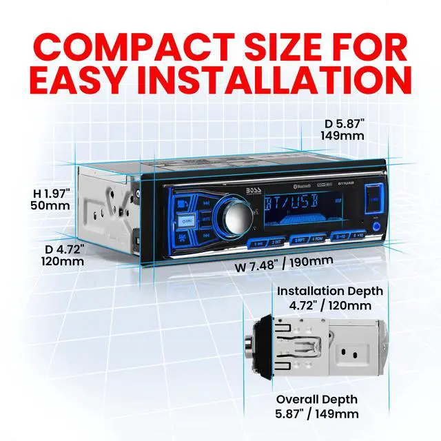 Alt view image 3 of 5 - BOSS Audio Systems 611UAB Car Stereo System - Single Din, Bluetooth Audio and Calling Head Unit, Aux Input, USB, Mechless, No CD DVD Player, AM/FM Radio Receiver