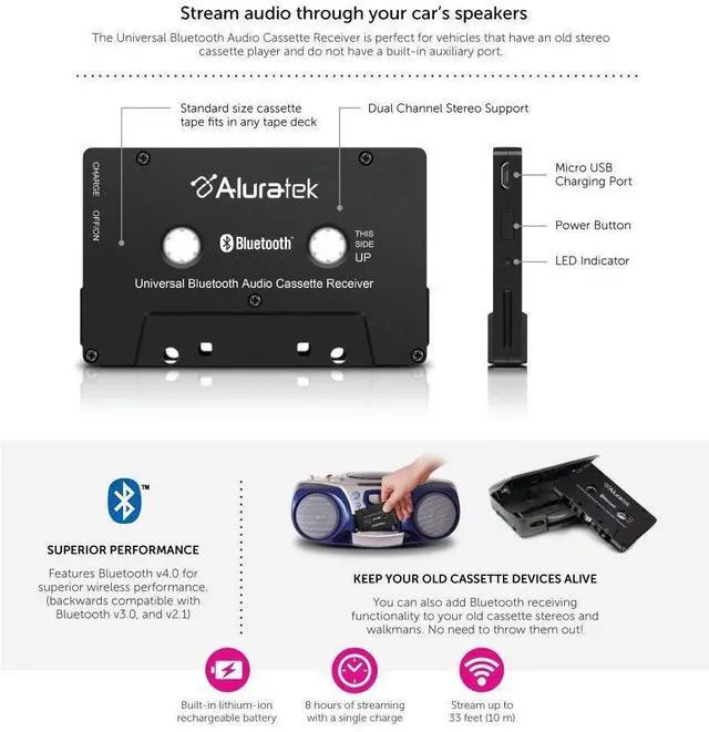 Alt view image 3 of 5 - Aluratek Universal Bluetooth Audio Cassette Receiver, Built-in Rechargeable Battery, Up to 8 Hours Playtime, Audio Receiving up to 33 Feet, ABCT01F