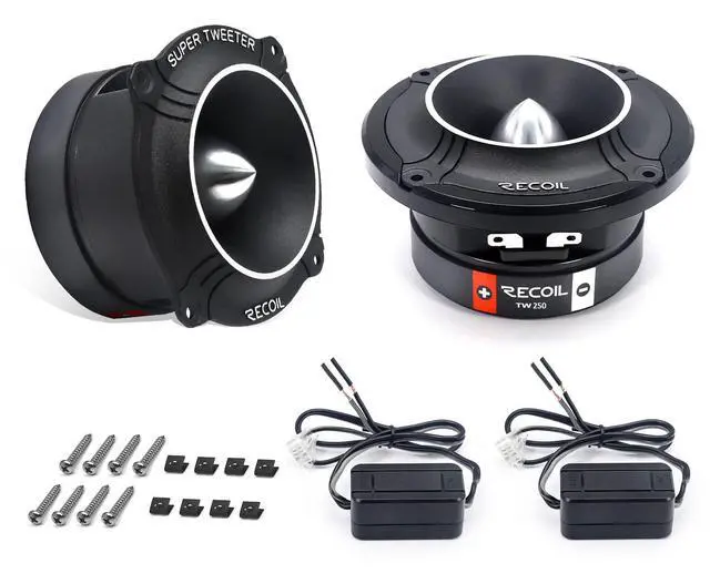 Main image of RECOIL TW250 High Compression Car Bullet Super Tweeters, 1-Inch High Temperature Kapton Voice Coil, Aluminum Frame and Diaphragm, 400 Watts Max, 200 Watts RMS, 4 Ohms, Pair