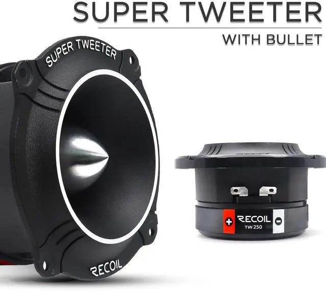 Alt view image 2 of 5 - RECOIL TW250 High Compression Car Bullet Super Tweeters, 1-Inch High Temperature Kapton Voice Coil, Aluminum Frame and Diaphragm, 400 Watts Max, 200 Watts RMS, 4 Ohms, Pair