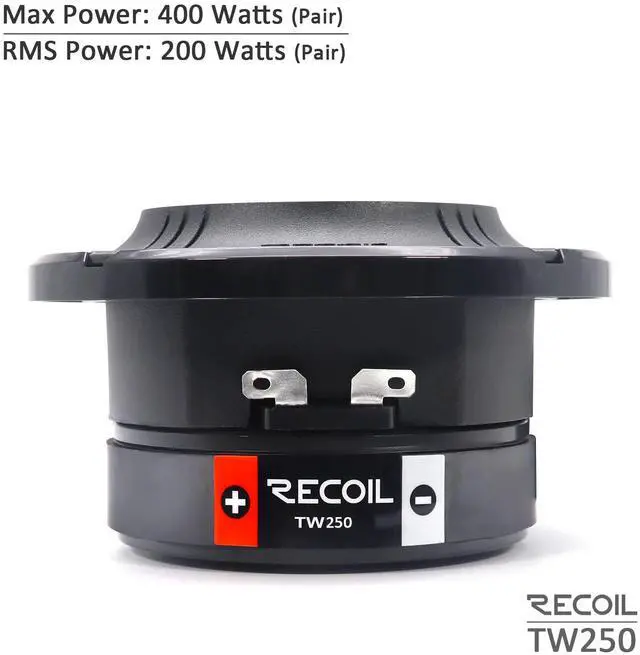 Alt view image 3 of 5 - RECOIL TW250 High Compression Car Bullet Super Tweeters, 1-Inch High Temperature Kapton Voice Coil, Aluminum Frame and Diaphragm, 400 Watts Max, 200 Watts RMS, 4 Ohms, Pair