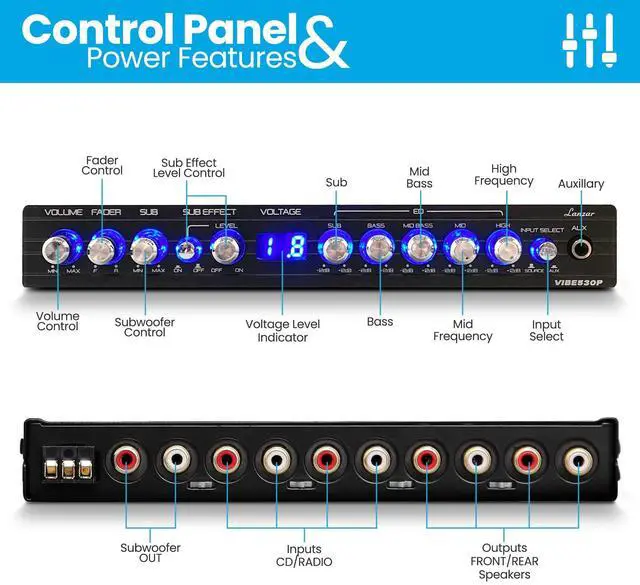 Alt view image 3 of 5 - Lanzar Parametric Equalizer with Subwoofer - 9 Volt RMS Pre-Amp Output with Voltage Meter, Subwoofer Gain Control & Bass Driver, 3 Input Sources Selectable, Pre-amp Line Aux Inputs Via RCA Jacks