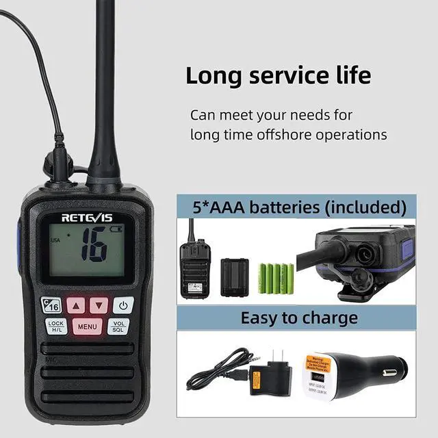 Alt view image 3 of 5 - Retevis RM01 Handheld Marine Radio, Floating IP67 Waterproof, Portable Marine Two-Way Radios, NOAA Weather, International Channels, Vibration Drainage, Backlit, Boat Radio for Kayak Fishing(1 Pack)