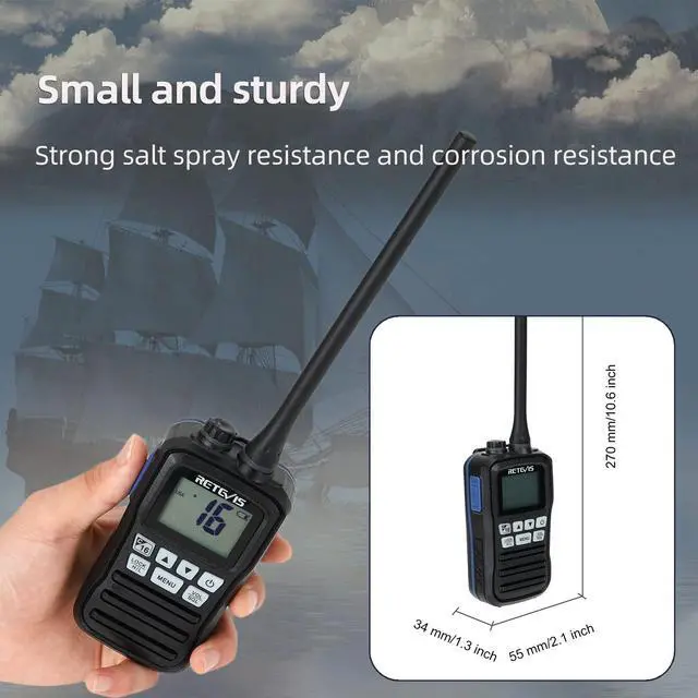 Alt view image 2 of 5 - Retevis RM01 Handheld Marine Radio, Floating IP67 Waterproof, Portable Marine Two-Way Radios, NOAA Weather, International Channels, Vibration Drainage, Backlit, Boat Radio for Kayak Fishing(1 Pack)