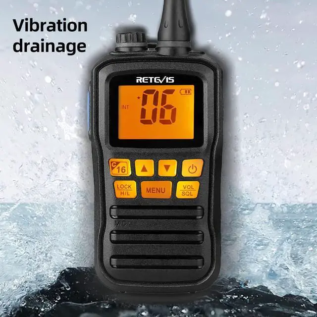 Alt view image 5 of 5 - Retevis RM01 Handheld Marine Radio, Floating IP67 Waterproof, Portable Marine Two-Way Radios, NOAA Weather, International Channels, Vibration Drainage, Backlit, Boat Radio for Kayak Fishing(1 Pack)
