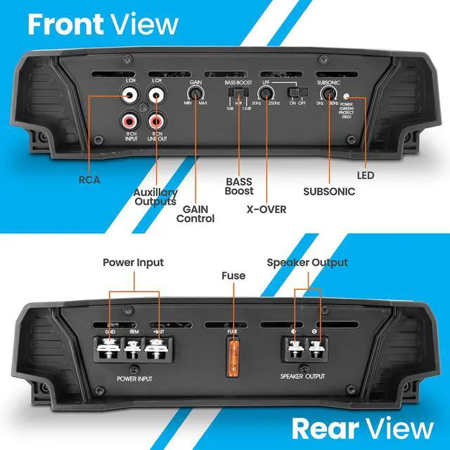 Alt view image 3 of 5 - Lanzar 1 Channel Car Audio Amplifier, 3000 Watt, Monoblock, 2 Ohm, MOSFET, Nickel Plated RCA Input, Bass Boost Circuit, Electronic Crossover Network, Power Protection LEDs - HTG157