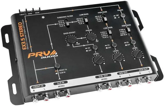 Main image of PRV AUDIO Crossover Car Audio EX3.5 Stereo 3 Way or 2 Way Electronic Crossover 9 Volts, 4 in 6 Out RCA Channels Car Sound Processor