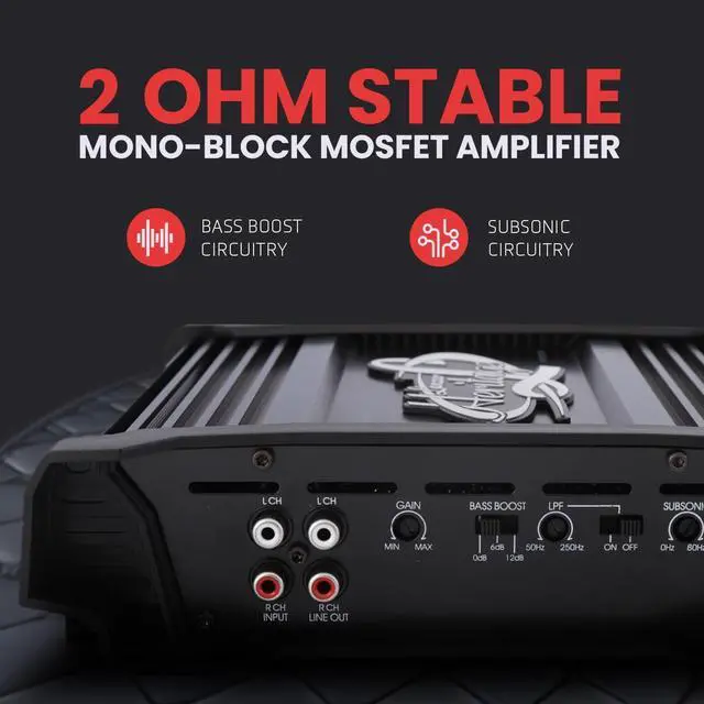 Alt view image 4 of 5 - Lanzar 2000W Monoblock Car Audio Amp - 2-Ohm Stable Mosfet Amplifier, Class AB, Electronic Crossover, Bass Boost, Subsonic Circuit, Chrome RCA Inputs, Line Output, 5-Way Protection - Soft Turn On/Off