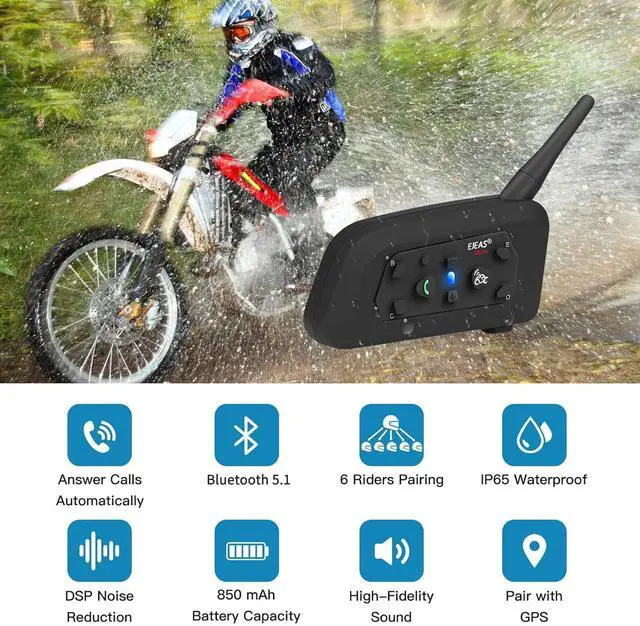 Alt view image 2 of 5 - EJEAS V6 Pro Motorcycle Helmet Bluetooth Intercom, 2-Way 1200M Motorcycle Bluetooth Headset Universal Communication System with Noise Cancellation and Waterproof for Dirt Bike/ATV/Snowmobile (1PC)