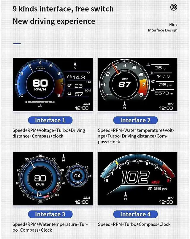 Alt view image 3 of 5 - , Qiilu Car OBD2+GPS Smart Gauge Car HUD Speedometer Turbo RPM Alarm for Car Truck