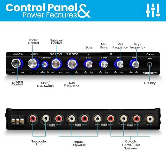 Alt view image 3 of 5 - Lanzar 4 Band Adjustable Parametric Equalizer - 7 Volt RMS Pre-Amp Output with Subwoofer Gain Control and 3 Input Sources Selectable, Pre-amp Line Aux Inputs Via RCA & Phone Jacks - VBXEQ4P