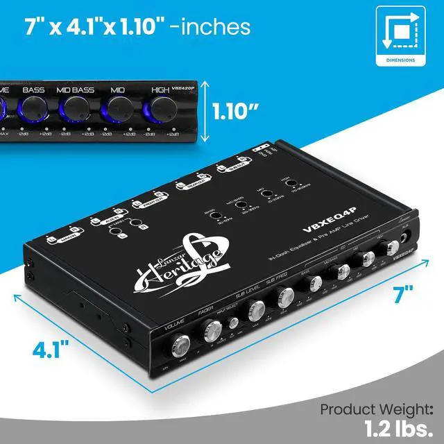 Alt view image 4 of 5 - Lanzar 4 Band Adjustable Parametric Equalizer - 7 Volt RMS Pre-Amp Output with Subwoofer Gain Control and 3 Input Sources Selectable, Pre-amp Line Aux Inputs Via RCA & Phone Jacks - VBXEQ4P