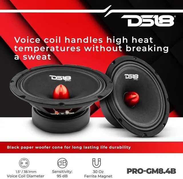 Alt view image 3 of 5 - DS18 PRO-GM8.4B Loudspeaker - 8", Midrange, Red Aluminum Bullet, 580W Max, 4 Ohms,1.5" Kapton VC Premium Quality Audio Door Speakers for Car or Truck Stereo Sound System (1 Speaker)