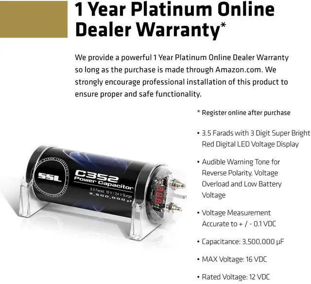 Alt view image 3 of 5 - Sound Storm Laboratories C352 Car Audio Capacitor  3.5 Farad, Energy Storage, Enhance Bass from Stereo, for Amplifier and Subwoofer, Warning Tones, LED Voltage Meter
