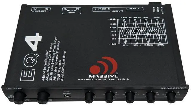 Main image of Massive Audio EQ4 Car Equalizer with 4 Band Graphic Equalizer - AUX inputs - 8V Line Driver - 12dB Crossover