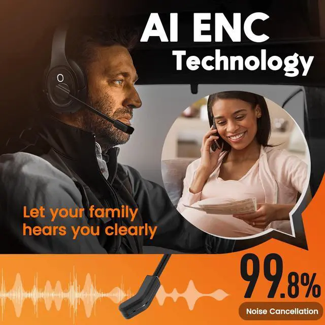 Alt view image 3 of 5 - EKSA Trucker Bluetooth Headset with Microphone, 164ft Wireless Headphones with AI Noise Cancelling(ENC), 57Hrs Worktime, Truck Drivers Headset with Mute Button for Cell Phone PC Home Office Work