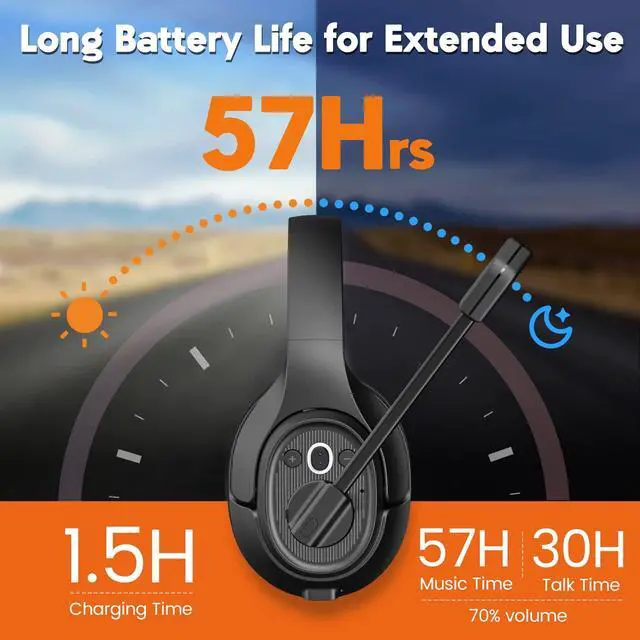 Alt view image 4 of 5 - EKSA Truck Driver Bluetooth Headset with Microphone, Environmental Noise Cancelling Wireless Headphone, 99ft Long Wireless Range, Up to 30 Hours of Talk Time, Ultra-Large Soft Earmuff Trucker Headset
