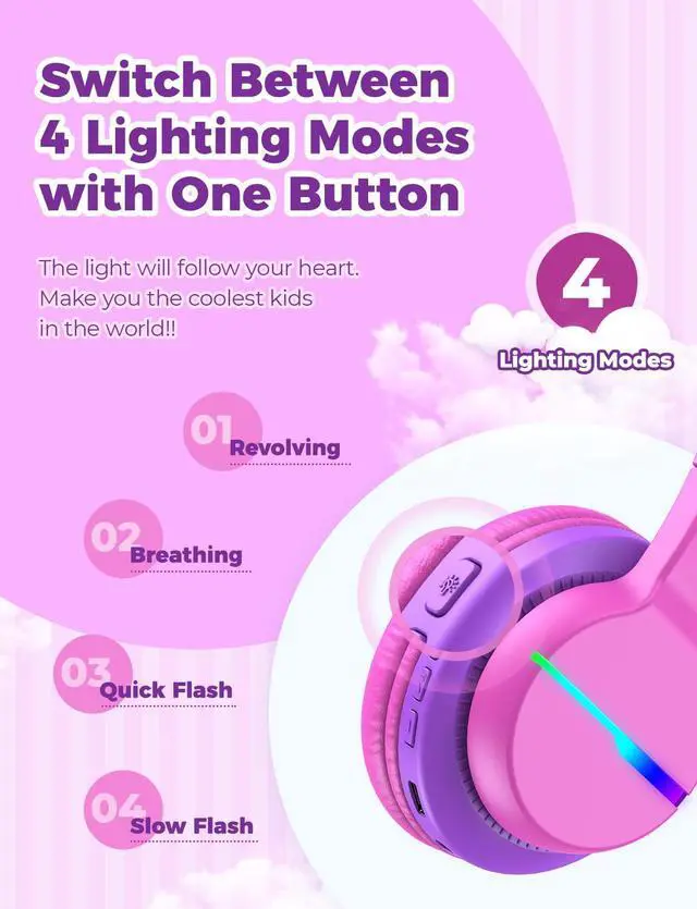 Alt view image 2 of 5 - iClever BTH12 Kids Bluetooth Headphones,Colorful LED Lights,74/85dBA Safe Volume,85H Playtime,Fast Charging,Bluetooth 5.2,Over Ear Kids Headphones Wireles for iPad/Tablet/Airplane,Hot Pink