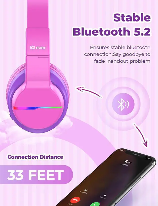 Alt view image 5 of 5 - iClever BTH12 Kids Bluetooth Headphones,Colorful LED Lights,74/85dBA Safe Volume,85H Playtime,Fast Charging,Bluetooth 5.2,Over Ear Kids Headphones Wireles for iPad/Tablet/Airplane,Hot Pink