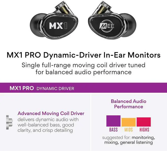 Alt view image 3 of 5 - MEE Audio MX1 PRO Advanced Dynamic Driver Musician's in Ear Monitor Headphones with Balanced Sound; Noise Isolating Earbuds Earphones w/Memory Wire, Optional Customization & Detachable Cables