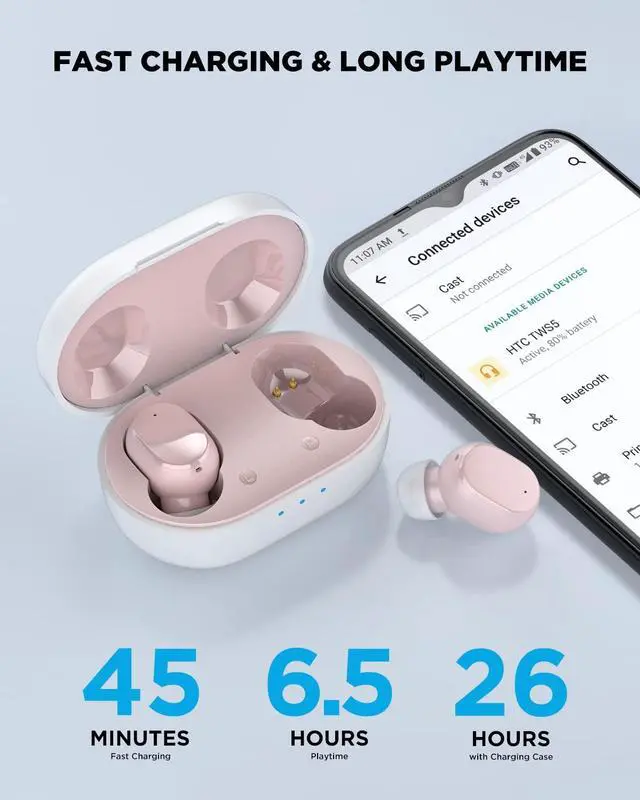 Alt view image 3 of 5 - HTC Bluetooth Wireless Earbuds 2 Plus Touch Control Bluetooth 5.3 with USB-C Charging Case IPX4 Splashproof in-Ear Stereo Earbuds Bulit-in Microphones-Pink