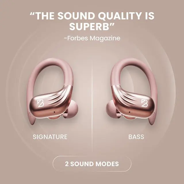 Alt view image 4 of 5 - Rose Gold Wireless Running Earbuds for Women. Pink Bluetooth Sport Earbuds for Running, 80 Hour Long Battery Life Over the Ear with EarHooks, Wrap Around Ear buds with Microphone, Earphones
