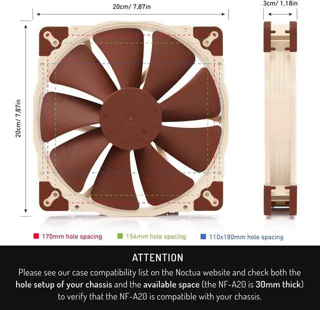 Alt view image 4 of 5 - Noctua NF-A20 FLX, Premium Quiet Fan, 3-Pin (200x30mm, Brown)