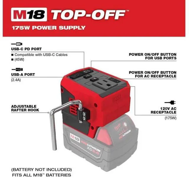 Alt view image 5 of 5 - Milwaukee 2846-20 M18 18V 175W TOP-Off Li-Ion Compact Inverter Power Supply