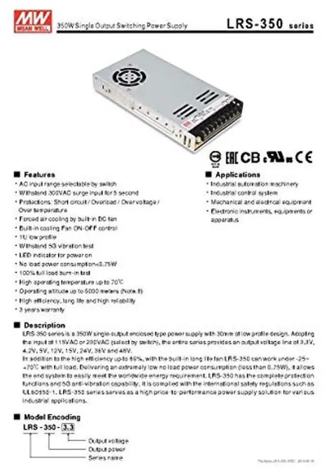 Alt view image 2 of 5 - MEAN WELL LRS-350-24 350.4W 24V 14.6 Amp Single Output Switchable Power