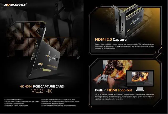 Alt view image 5 of 5 - AVMATRIX VC12-4K 4K HDMI PCIE Capture Card 1-Channel HDMI 2.0 Input Loop-Out Input and Capture Support up to 4K60 with bit Rates up to 800Mbps Support YUY2 uncompressed Video