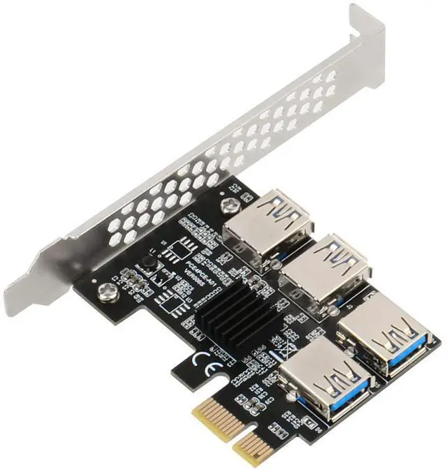 Main image of JMT PCI-E 1x to 16x Riser Card PCI-Express 1 to 4 Slot PCIe USB3.0 Adapter Port Multiplier Miner Card for BTC Bitcoin Miner Mining (No Cable)