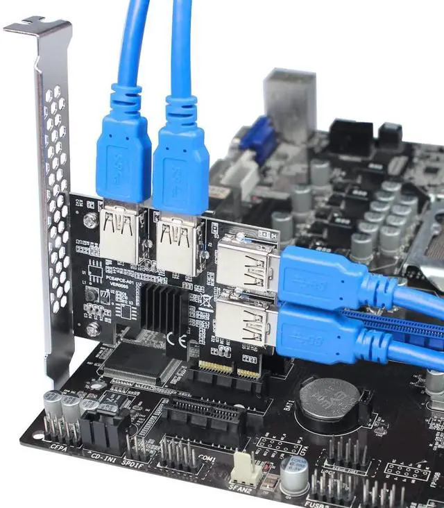 Alt view image 5 of 5 - JMT PCI-E 1x to 16x Riser Card PCI-Express 1 to 4 Slot PCIe USB3.0 Adapter Port Multiplier Miner Card for BTC Bitcoin Miner Mining (No Cable)