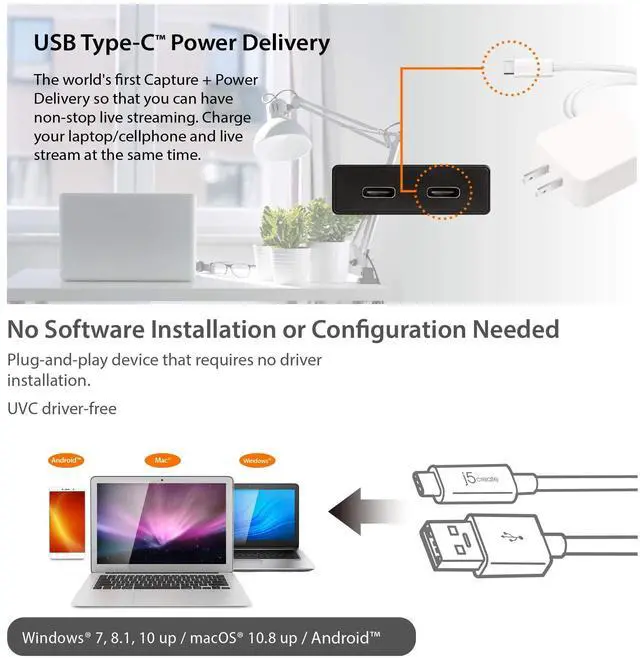 Alt view image 5 of 5 - j5create Live Video Capture Card - HDMI to USB-C, Supports 1080p 60FPS Video and Audio Recording, Power Delivery 60W Pass Through, Ideal for PC Xbox PlayStation Android Game Live Streaming (JVA02)