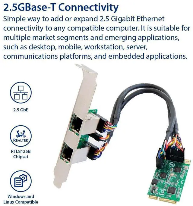 Alt view image 2 of 5 - IO CREST Dual 2.5 Gigabit Mini PCIe Ethernet Network Expansion Card, Green (SI-MPE24079)