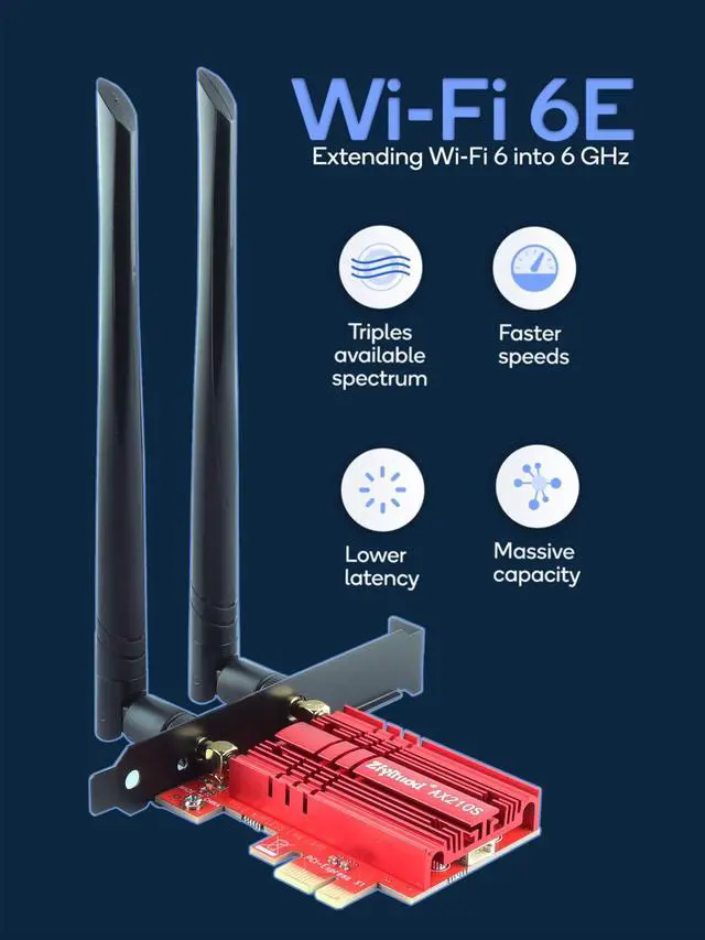 Alt view image 2 of 5 - ZYT WiFi 6E AX210 PCIE WiFi Card Expands Wi-Fi into 6GHz | Bluetooth5.2 | Up to 5400Mbps | Tri-Bands(6GHz/5GHz/2.4GHz) | OFDMA,MU-MIMO,Heat Sink | Support Windows 10/11 64Bit