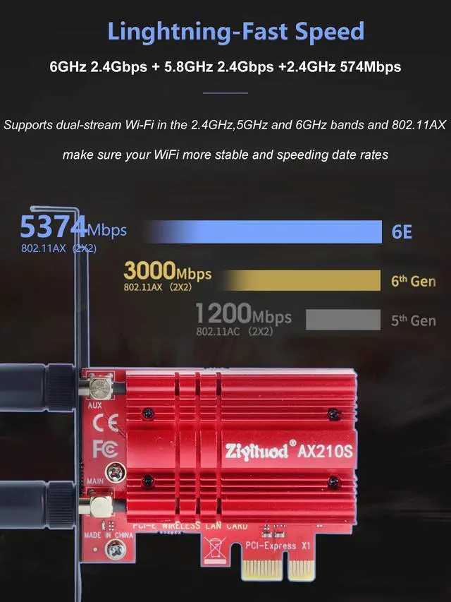 Alt view image 4 of 5 - ZYT WiFi 6E AX210 PCIE WiFi Card Expands Wi-Fi into 6GHz | Bluetooth5.2 | Up to 5400Mbps | Tri-Bands(6GHz/5GHz/2.4GHz) | OFDMA,MU-MIMO,Heat Sink | Support Windows 10/11 64Bit