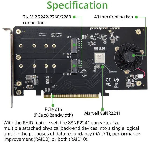 Alt view image 4 of 5 - IO CREST Dual M.2 NVMe Ports RAID to PCIe 3.0 x16 Interface (x8 Bandwidth) Bifurcation Riser Controller - SI-PEX40158