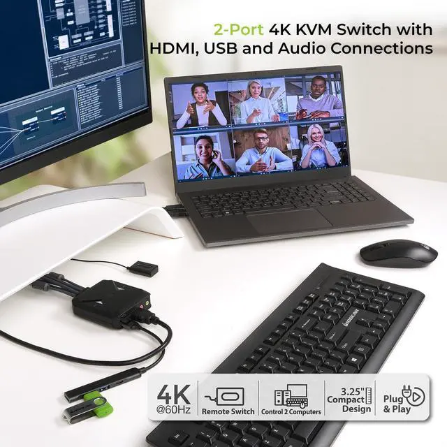 Alt view image 3 of 5 - IOGEAR 2-Port 4K USB HDMI Cable KVM Switch with Remote - 4096x2160 @60Hz 2560x1440 @144Hz - USB Hub Peripheral Sharing  2 Computers Share 1 Keyboard Mouse and Monitor - Attached Cables  GCS92HU