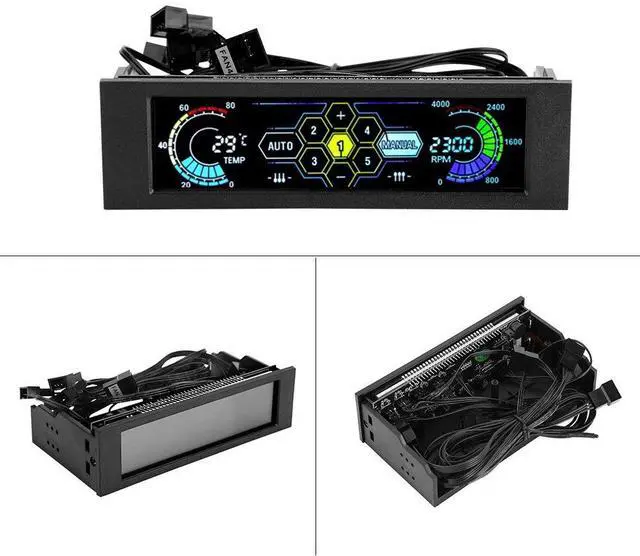 Alt view image 2 of 5 - 5-Fans Speed Computer Fan Controller CPU Temperature Sensor PC Cooling Fan Controller Front Panel Date Time Temperature Display Drive Bay