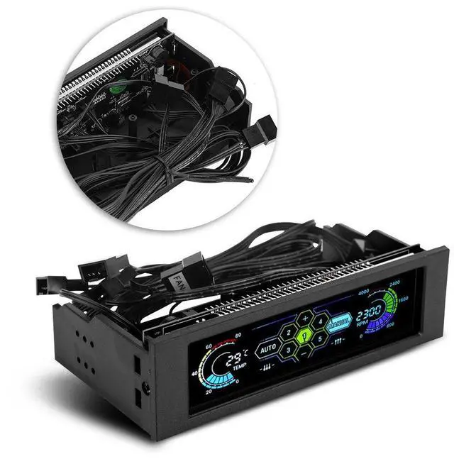 Alt view image 3 of 5 - 5-Fans Speed Computer Fan Controller CPU Temperature Sensor PC Cooling Fan Controller Front Panel Date Time Temperature Display Drive Bay