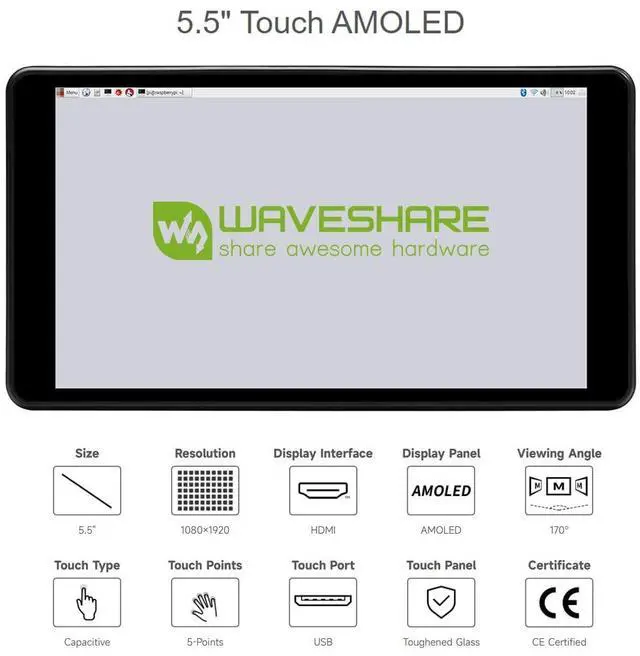 Alt view image 3 of 5 - waveshare 5.5inch Capacitive Touch AMOLED Display Compatoble with Raspberry Pi 4B Comes with Protection Case 1080×1920 Resolution HDMI Toughened Glass Panel
