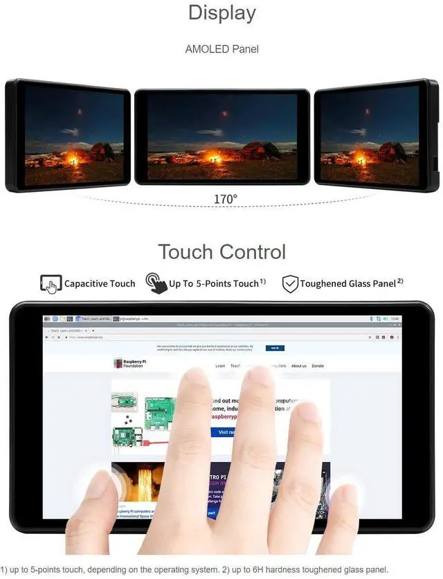 Alt view image 5 of 5 - waveshare 5.5inch Capacitive Touch AMOLED Display Compatoble with Raspberry Pi 4B Comes with Protection Case 1080×1920 Resolution HDMI Toughened Glass Panel