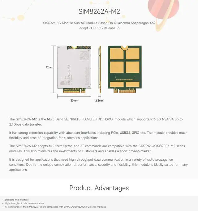 Alt view image 3 of 4 - Waveshare SIM8262A-M2 SIMCom Original 5G Module, M.2 Form Factor, Qualcomm Snapdragon X62
