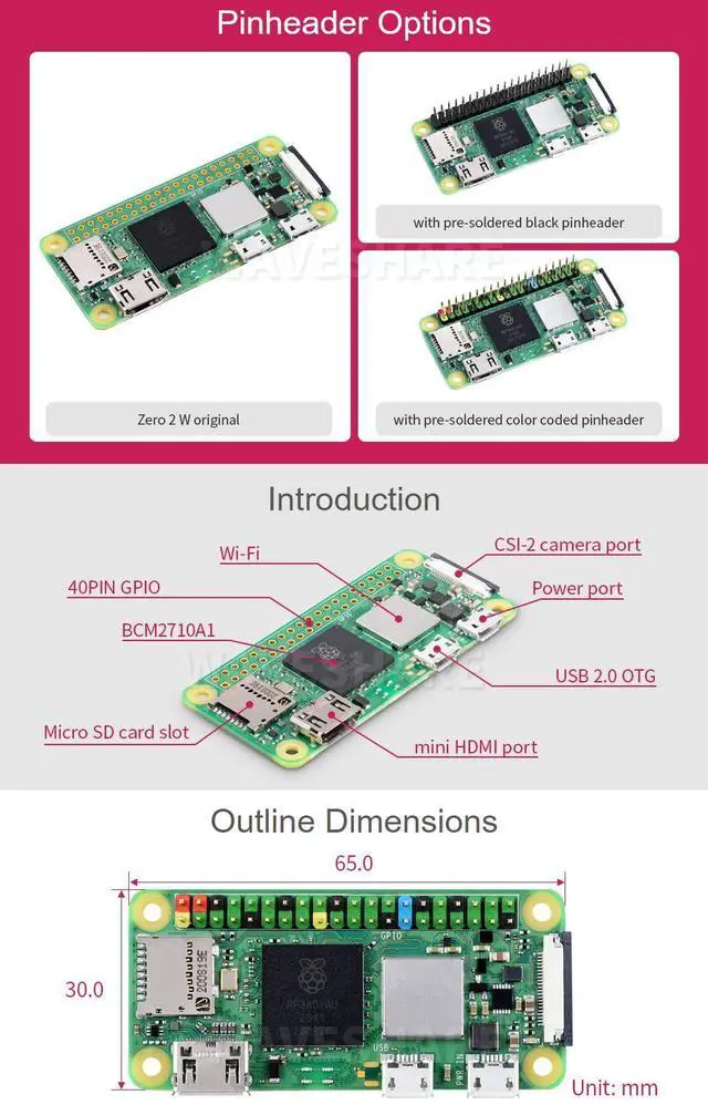 Alt view image 3 of 5 - Waveshare Package C Compatible with Raspberry Pi Zero 2 WHC Bundle with Zero V1.3 Camera Power Supply 5V/3A Micro Card 16GB Card Reader and So On (7 Items) with Pre-Solder Color Coded Pinheader
